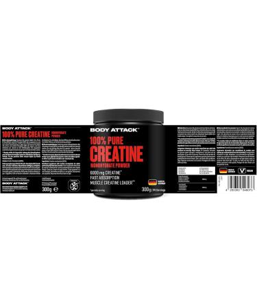 Body Attack Creatine Monohydrate 300g - Pure Vegan Powder - Optimal Solubility - Made in Germany - Cologne List Certified - Buy Online on GoSupps.com