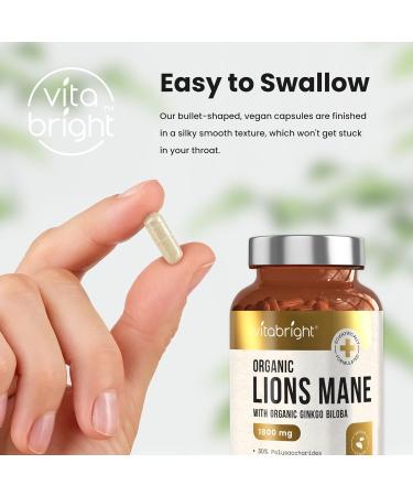 Organic Lions Mane 1800mg Mushroom Supplement - 120 Capsules - 4 Month Supply with Ginkgo Biloba & Black Pepper - VitaBright - Buy Online on GoSupps.com