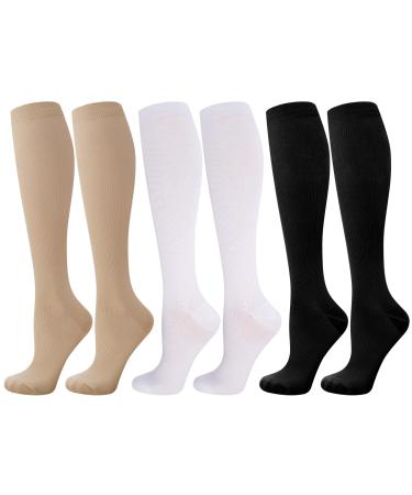 3 pairs compression stockings support knee socks compression socks long compression socks with 15-25mmhg travel socks support stockings for women running sports flight travel s/m
