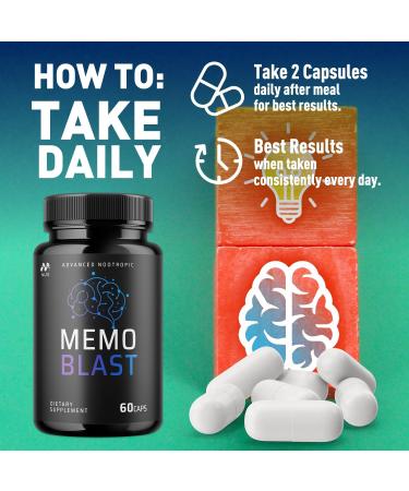 Memo Blast Capsules Official MemoBlast Supplement Pills with All Natural Ingredients Advanced Memo Blast Optimal Brain Health & Wellness Support with Premium Vitamins for Women & Men (60 Capsules) - Buy Online on GoSupps.com