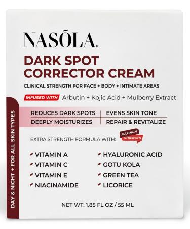 Nasola Dark Spot Corrector Cream Remover for Face  Body - Natural Skincare for Underarms  Elbows & Privates- the Ultimate Solution for Bright  Beautiful Skin infused Kojic Acid & Mulberry 1.85 Fl Oz