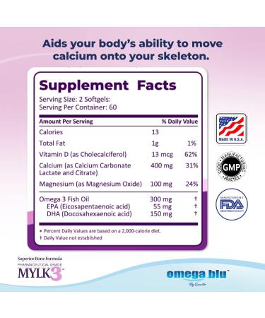 OMEGA BLU Calcium & Magnesium w/MYLK - High Absorption Formula with Omega 3, Vitamin D for Bone, Joint, Collagen, Heart & Brain Health - Pharmaceutical Grade - 60 Servings - Buy Online on GoSupps.com