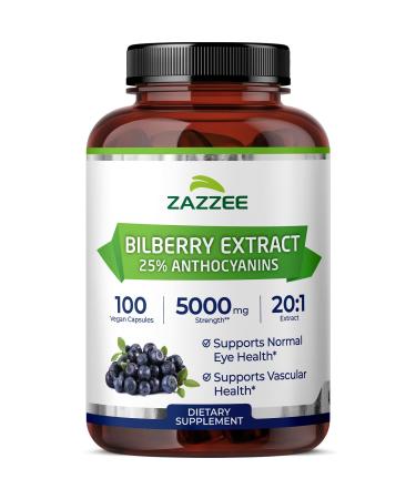 Zazzee Extra Strength Bilberry 20:1 Extract 25% Anthocyanins 5000 mg Strength 100 Vegan Capsules 3+ Month Supply Eye Health Support 20X Standardized Vaccinium Myrtillus Non-GMO Made in USA
