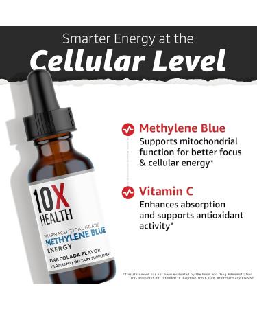 10X Health Methylene Blue Drops with Black Pepper Extract - 30ml Methylene Blue Pharmaceutical Grade Liquid - Promotes Energy Focus & Cognitive Support - Pina Colada Flavor Vegan Non-GMO - Buy Online on GoSupps.com