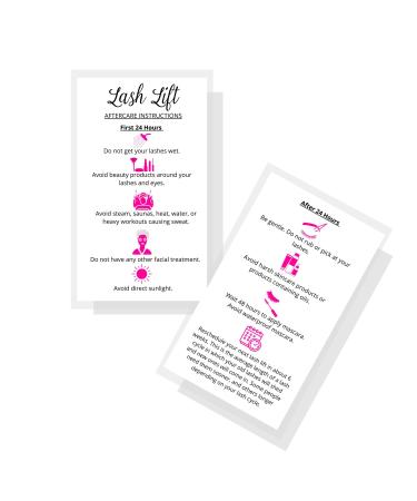Lash Lift Aftercare Instruction Cards | 50 Pack | 2 x 3.5 inches Business Card Size | Starter Eyelash Lift Kit at Home DIY aftercare Supplies | White with Pink Icons Design