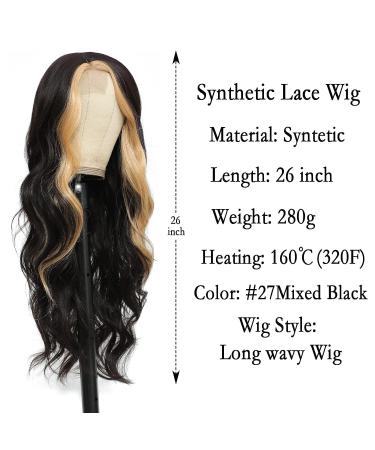 Meiliprotea 26 Skunk Stripe Body Wave Synthetic Wig, Long Wavy Highlighted Hair for Women - Natural Looking and Realistic (27Mixed Black) - Buy Online on GoSupps.com
