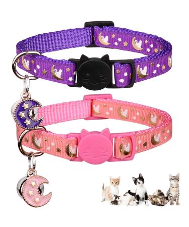 2PCS Breakaway Cats Collars with Bell Moons Stars Adjustable Kitten Collars with Pendant Glow in The Dark Purple+Pink