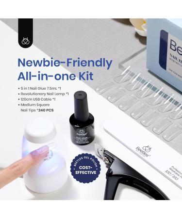Beetles Gel Nail Kit Easy Nail Extension Set 5 In 1 Nail Glue Gel Base Coat with Pre shaped Medium Square Gel Nail Tips and Uv Led Nail Lamp Acrylic Nail Clipper Nail Art Gifts for Women Square Medium - Buy Online on GoSupps.com