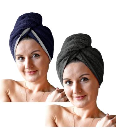 Homelevel 2x Terry Hair Turban with Button - 100% Cotton Quick Drying Hair Towels - Dark Blue & Light Gray - Perfect for Easy Hair Drying - Buy Online on GoSupps.com