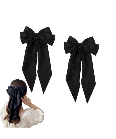 BAIYSFFG Big Bow Hair Clips with Long Silky Satin 2PCS Solid Color French Barrette Simple Hair Fastener Accessories for Women Girls Black