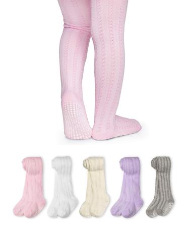 LA Active Baby Tights - 5 Pairs - Non Skid/Slip Cable Knit 3-6 Months Pink / White / Ivory / Lavender / Grey - 5 Pairs