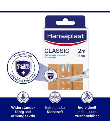 Hansaplast Classic Pflasters 2m x 6cm - Cuttable Wound Plasters with Extra Strong Adhesive & Bacteria Shield - Flexible Breathable Bandage Material for International Shipping - Buy Online on GoSupps.com