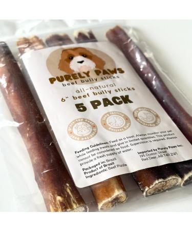 Purely Paws Premium All-Natural Beef Bully Sticks - Safe Digestible Dog Chews - Long-Lasting Low-Odour Rawhide Free (6" 5 Count) 6" (Pack of 5) - Buy Online on GoSupps.com
