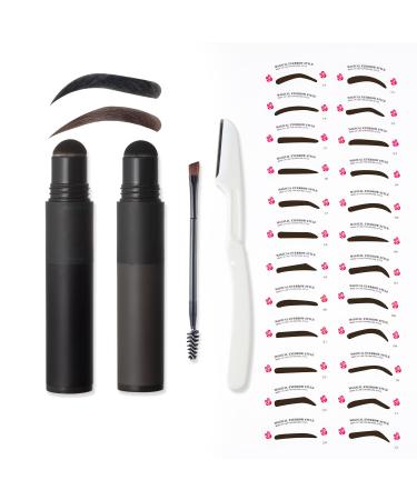 ESPOCE Eyebrow Stamp Stencil Kit 2 Colors in 1 Black and Black Brown Waterproof and Long Lasting One Step Brow Stamp with 24 Eyebrow Stencils, 1 Brush and 1 Razor, Upgrade Design