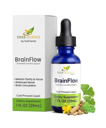 Soltrients Herb-Science BrainFlow Herbal Brain & Mood Support | Liquid Supplement with Ginkgo Ginseng Gotu Kola & St. John s Wort | Focus Clarity Mood & Circulation | Alcohol-Free 1 fl oz