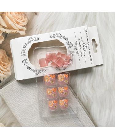 Nude Pink Square Fake Toenails with Flower Design - 24 Pcs | Full Cover Glossy Toe Nail Tips for Women | Spring/Summer French Acrylic Toenails - Buy Online on GoSupps.com