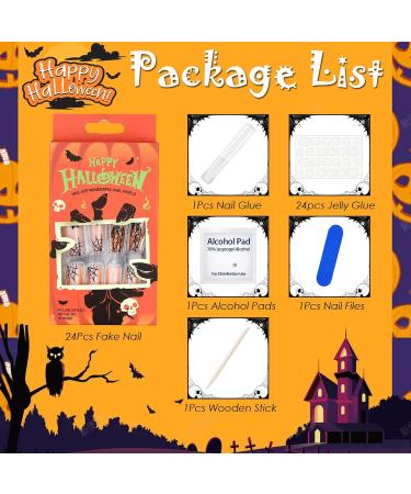 Orange French Halloween Fake Nails - 24Pcs Coffin False Nails with Ghost Pattern for Women & Girls | Nail Glue Included - Buy Online on GoSupps.com