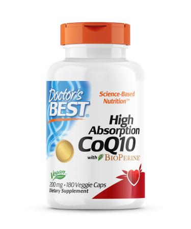 Doctor's Best High Absorption CoQ10 200mg with Bioperine 180 Vegan Capsules High Dosed Lab Tested Gluten Free Soy Free Vegetarian Non-GMO