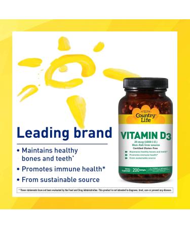 Country Life Vitamin D3 25 mcg (1000 IU) - 200 Softgels for Immune Support - Buy Online on GoSupps.com