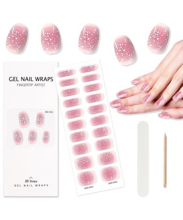 EBANKU Cured Gel Nail Strips Gel Nail Strips Long Lasting Waterproof Real Nail Polish Strips Wraps Stickers with Cuticle Stick Nail File Nail Wipes & Sealing(UV/LED Lamp Required) Pink Glitter
