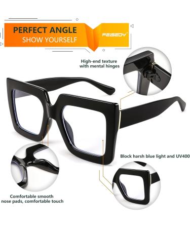 FEISEDY Fashion Oversized Blue Light Glasses for Women - Anti Fatigue Thick Square Computer Eyewear B2381 Black - 50mm - Buy Online on GoSupps.com