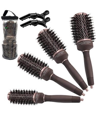 Round Brush Set, Ceramic Ion Thermal Barrel Round Brush for Blow Drying, 4 Different Sizes Boar Bristle Round Hair Brush for Hair Drying, Styling, Curling and Shine Brown handle