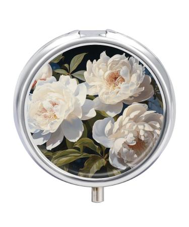 Round Pill Box White Peony Print 3 Compartment Medicine Pill Case Print Pill Organizer Decorative Metal Portable Pill Box Pocket Pill Box