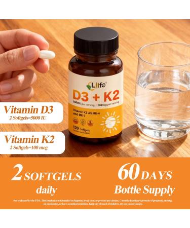 LIIFE Vitamin D3 K2(MK7+MK4) Supplement 5000IU with Organic Extra Virgin Coconut Oil - Supports Calcium Absorption Bone & Immune Health- Non-GMO 120 Softgels 120 Softgels(Pack of 1) - Buy Online on GoSupps.com