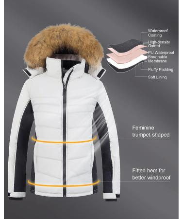 Pursky Women's Waterproof Ski Jacket - Winter Puffer Snow Coat with Fur Hood - X-Large White Black - Buy Online on GoSupps.com