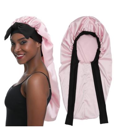 Sengterm long satin hair hood girls silky hat women long satin adjustable sleeping hat to sleep extra big satin sleeping hat for women long curls hair l-xl pink pink