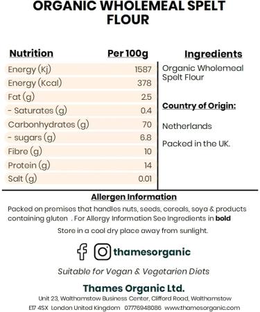 Thames Organic Wholemeal Spelt Flour 500g - Pure & Natural, Additive-Free for Baking - Vegan Non-GMO Certified - Perfect for Sensitive Diets - Buy Online on GoSupps.com