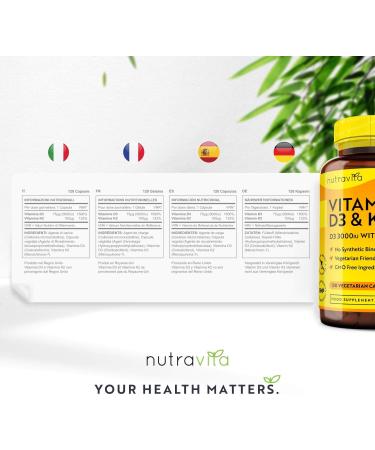 Nutravita Vitamin D3 3000iu & K2 100ug (MK7) - 120 Vegetarian Capsules for Bone, Muscle, and Immune Support - Buy Online on GoSupps.com