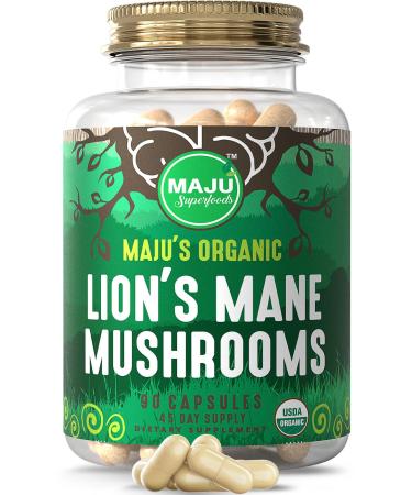 MAJU Organic Lions Mane Mushroom Capsules 90ct Fruiting Bodies Steam Extract Organic Mushrooms w/Black Pepper Extract Hericium Erinaceus - Buy Online on GoSupps.com