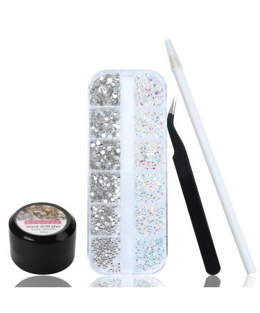 1500PCS Rhinestones for Nails - Crystals Gems for Nails Flat Back Nail Art Rhinestones in 6 Sizes - Craft Nail Art Gem Kit with 20ML Nail Glue and 1 Picker Dotting Pen and 1 Tweezer 6-White/TransparentAB+Gule(1500)