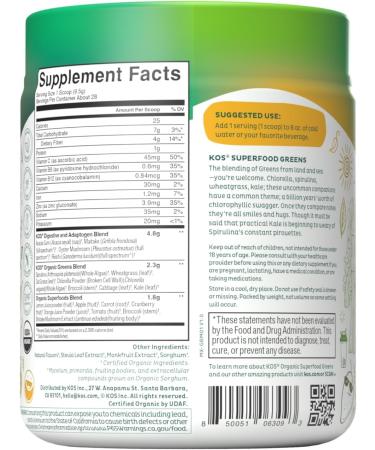 KOS Organic Superfood Greens Powder - Gut Health from Prebiotic Fiber Supergreens and Adaptogens - USDA Certified Organic Made in a GMP Certified Facility - 28 Servings Mango Mango 9.38 Ounce - Buy Online on GoSupps.com