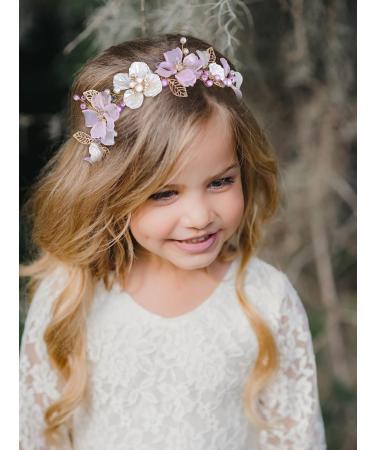 IYOU Flower Girl Headpiece Purple Pearl Princess Headband for Wedding Leaf Floral Crystals Frist Communion Hair Accessories Prom Birthday for Girls (Gold) - Buy Online on GoSupps.com
