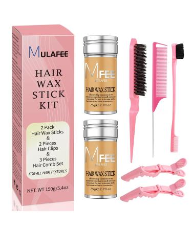 MULAFEE 2 Pack Hair Wax Stick Kit Wax Stick for Smooth Hair Wigs Non-Greasy Styling Wax for Fly Away and Edge Frizz Hair Slick Stick with Comb & Hair Clips Set