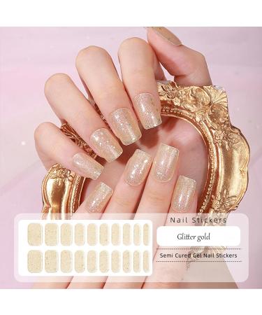 Semi Cured Gel Nail Strips - Nail Adhesive Wrap - Gold Glitter Semi Cured Nail Wraps - 20 Pcs Gel Nail Polish Strips Manicure Set Stickers with Nail File & Wooden Cuticle Stick (UV/LED Needed) glitter gold - Buy Online on GoSupps.com