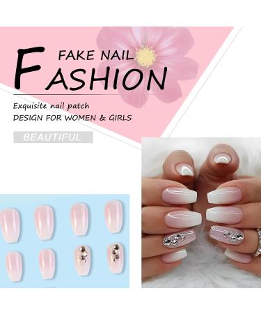 24-Piece Angular Nails Set - Glossy Pink French Press-On Ballerina Nails with Rhinestone Design | Square Fingernails for Women & Girls - Buy Online on GoSupps.com