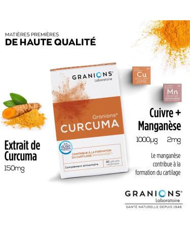 Turmeric GRANIONS | Antioxidant Dietary Supplement | Turmeric 150mg with Turmeric + Manganese + Copper + Piperine | Anti Inflammatory Antioxidant Cartilage Capsules | Made in France | 30 Capsules - Buy Online on GoSupps.com