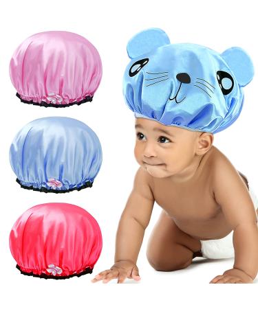 Kid Shower Cap Satin Bonnet Sleep Caps Waterproof Double Layer Bonnet Set for for Baby Toddler Child 4 Pieces Blue