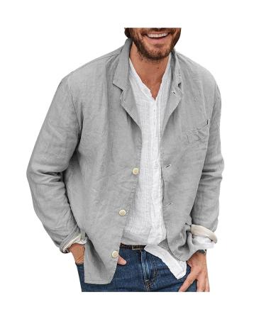 Men's Loose Fit Cotton Linen Cardigan Classic-fit Button-up Long Sleeves Fashion Shirts Jacket Gray 3X-Large