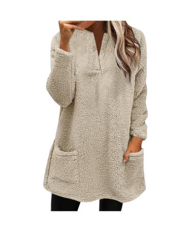 AMhomely Ladies Womens Soft Teddy Fleece Hooded Jumper Plus Size Double Fleece Casual Hoodies With Pocket V Neck Soft Fleece Hooded Sweatshirts Plain Pullover Tops Winter Lightweight Lounge Tops 02 Khaki XL