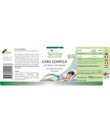 Fairvital | GABA COMPLEX - with 1200mg of Inositol 400mg of Vitamin B3 & 200mg of GABA per daily dose - 50 days - VEGAN - Highly dosed - 100 caps - with niacin and inositol - Buy Online on GoSupps.com