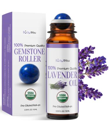 Lavender Essential Oil Roll On Sleep Relaxation Stress Relief - 100% Pure USDA Organic MCT Coconut Oil - Natural Lapis Lazuli Stone Roller - Calm Bedtime Routine Pulse Point - Amber Glass Bottle 10ml
