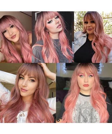 Qihang 26 inch Pink Wig with Bangs - Long Wavy Ombre Synthetic Wig for Women, Girls - Daily Party Replacement - Buy Online on GoSupps.com