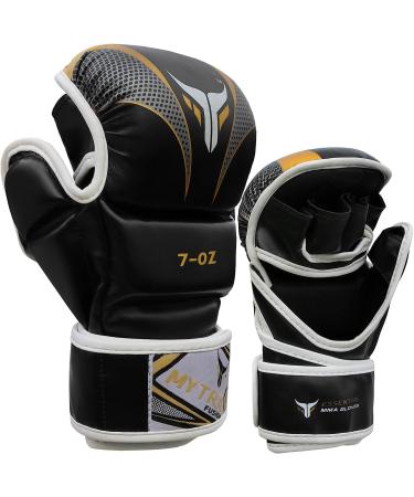 Mytra Fusion MMA Gloves | Open Palm Adjustable Wrist Support | Ideal for Grappling Cage Fighting & Combat Sports | S/M Black/Gold - Buy Online on GoSupps.com