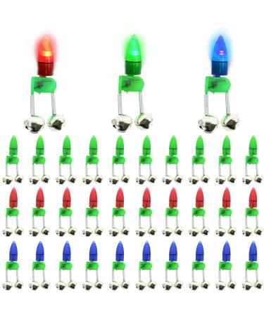 IGOOLEE 30pcs Night Fishing Bells Clips with Dual Alarm Bells Fishing Rod Bait Alarm Bell with LED Lights(Green/Red/Blue)