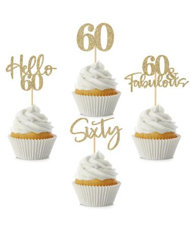 48PCS 60th Birthday Cupcake Toppers Glitter Hello 60 Cupcake Topper 60 Fabulous Sixty Cupcake Picks for Happy 60th Birthday Wedding Anniversary Party Cake Decorations Supplies Champagne Gold 60th Champagne Gold