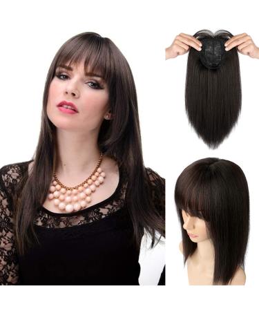 Felendy 14" Hair Topper with Bangs 200% Density Silk Base Top Hairpieces Clip in Hair Extensions Straight Wiglet for Women with Thinning Hair 14 Inch Dark Brown-2